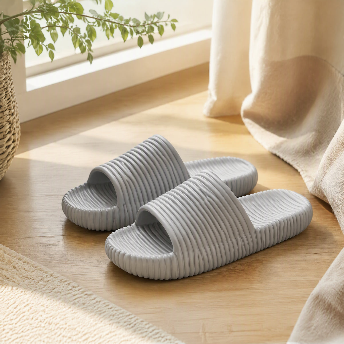 Floatstep™ EVA Striped Unisex Slippers in a calm home setting