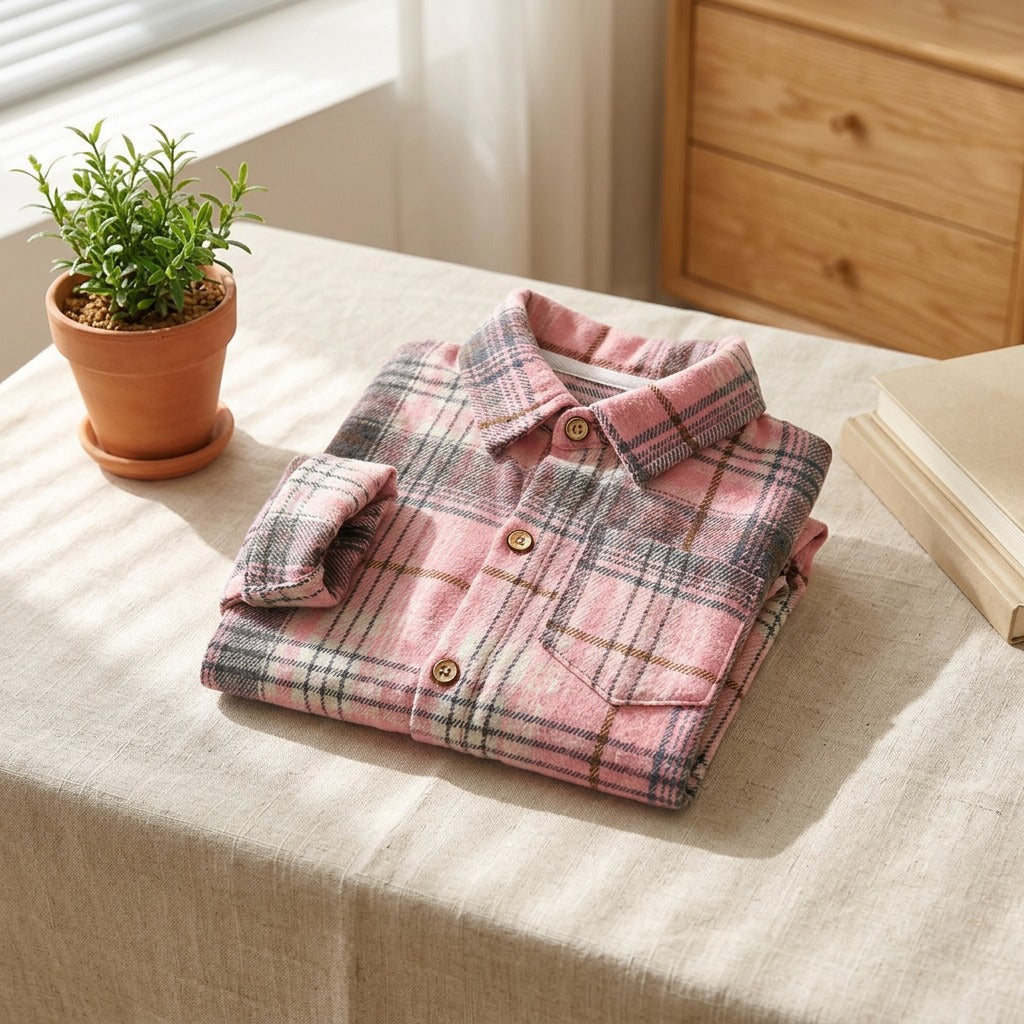 Plaidplay™ Kids Plaid Lapel Shirt in a calm home setting