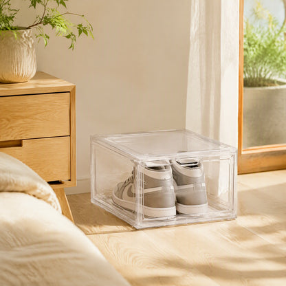 Shoeflex™ Foldable Plastic Shoe Storage Box in a calm home setting