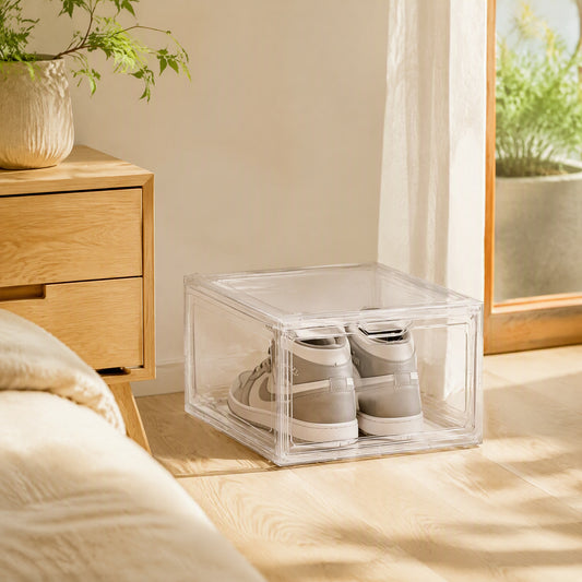 Shoeflex™ Foldable Plastic Shoe Storage Box in a calm home setting