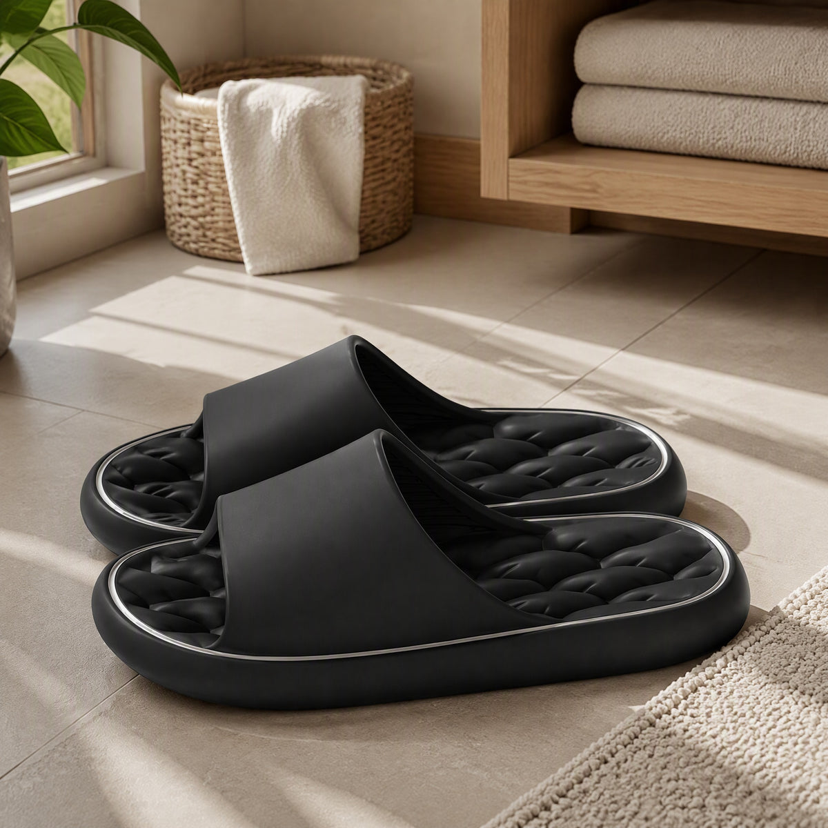 Showerfloat™ EVA Foam Shower Slide Sandals in a calm home setting