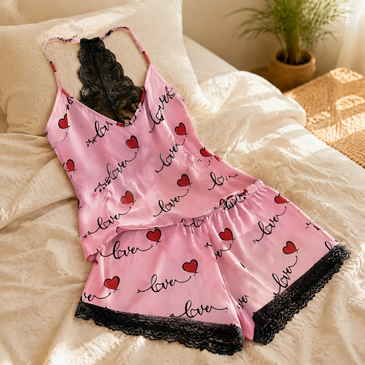 Silkdoze™ Milk Silk Camisole Pajama Set in a calm home setting