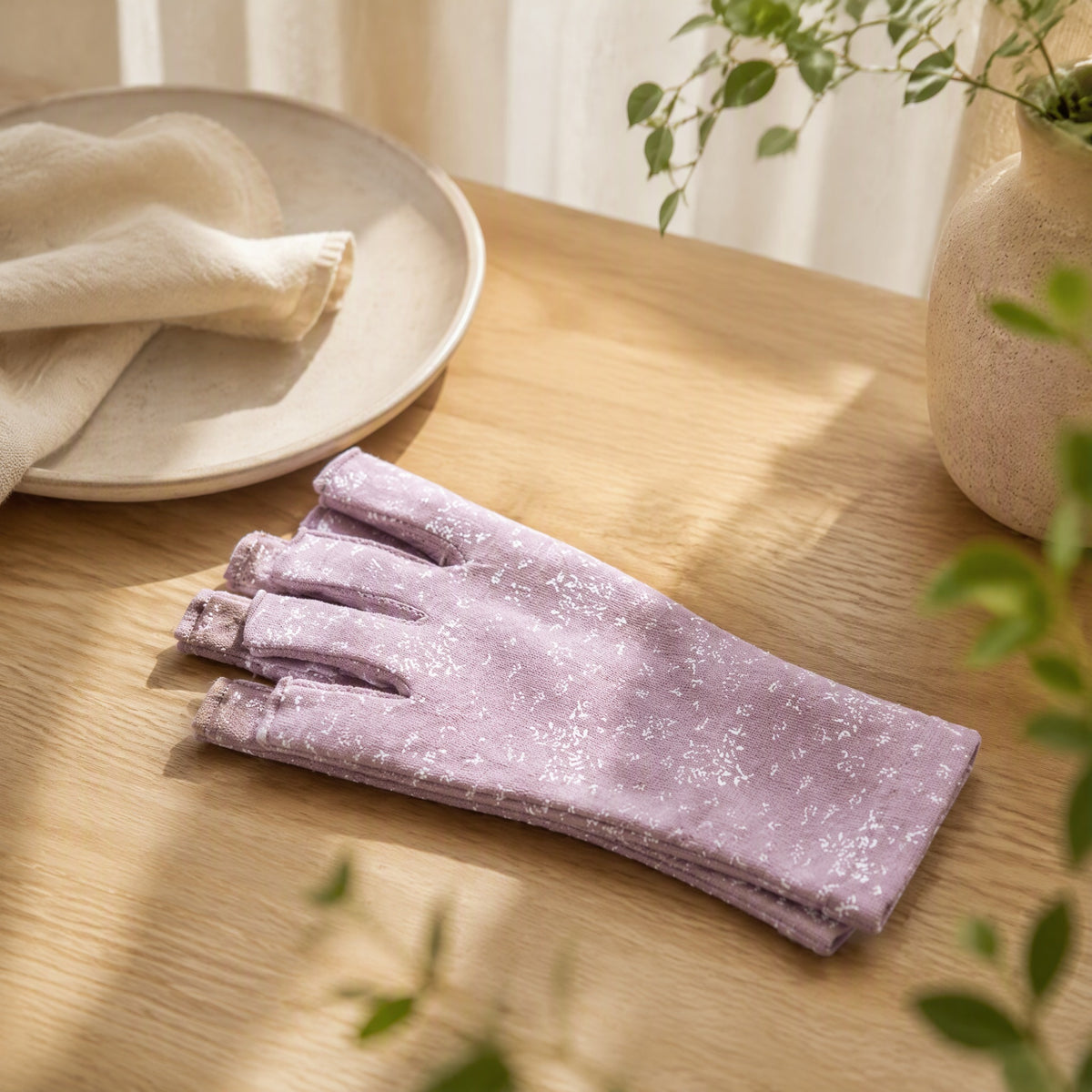 Mittshade™ Cotton Half-Finger Sun Protection Gloves in a calm home setting