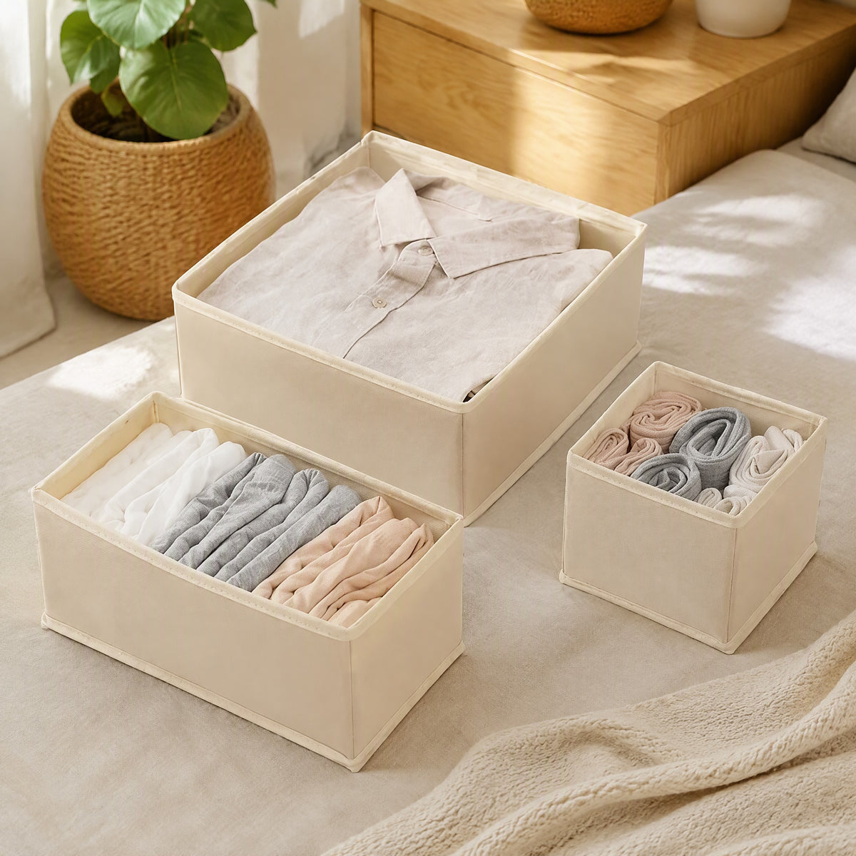 Fabricbin™ Non-Woven Fabric Drawer Storage Box in a calm home setting