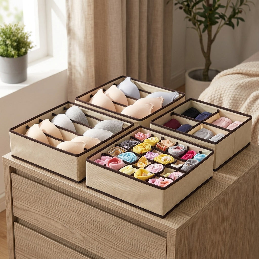 Pairgrid™ Four-Piece Underwear Storage Box Set, styled close view