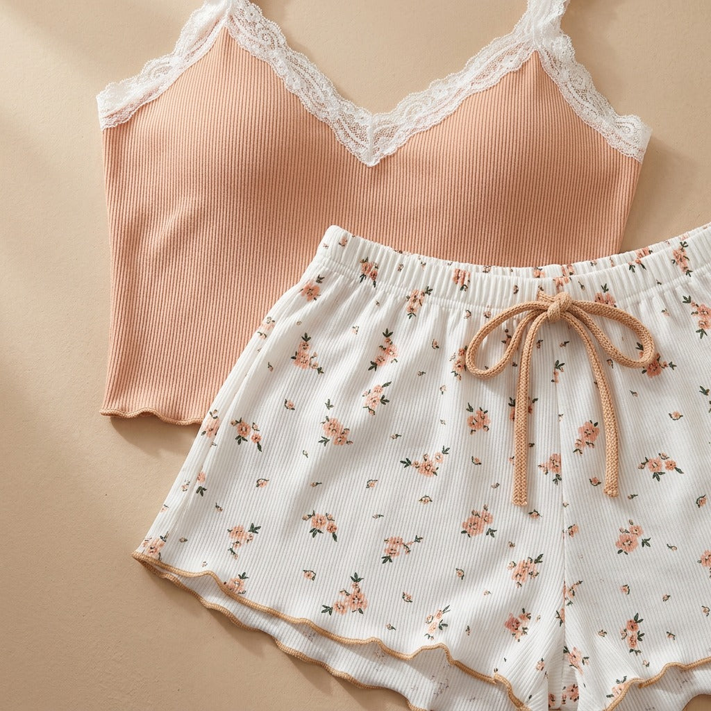 Lacehush™ Lace Camisole Pajama Set, material and detail close-up