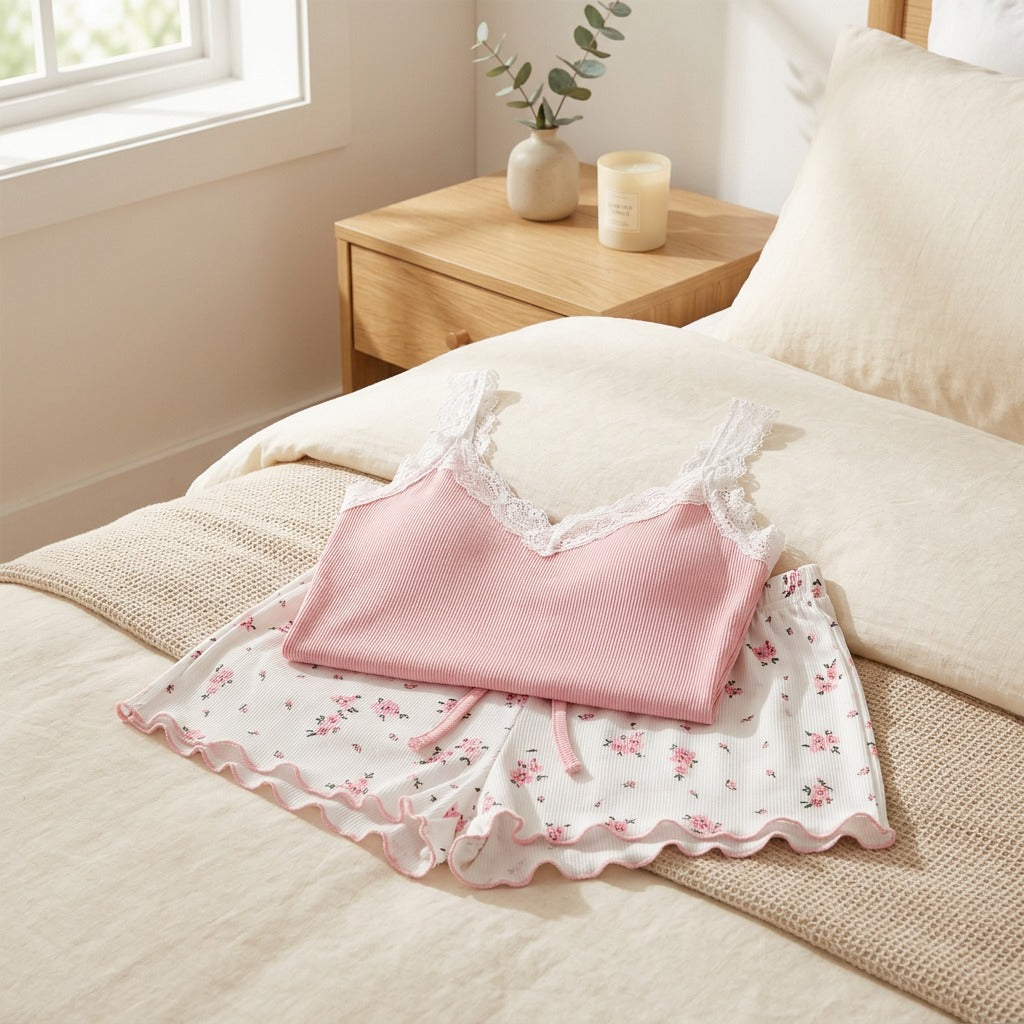 Lacehush™ Lace Camisole Pajama Set in a calm home setting