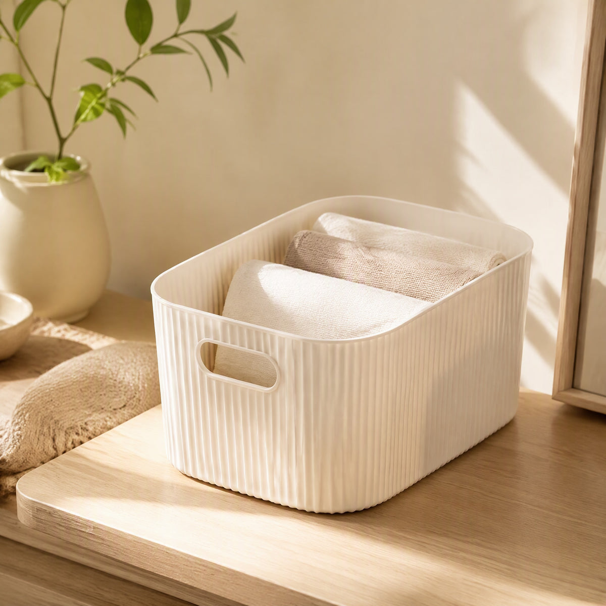 Ribstack™ Plastic Vertical Pattern Storage Box in a calm home setting