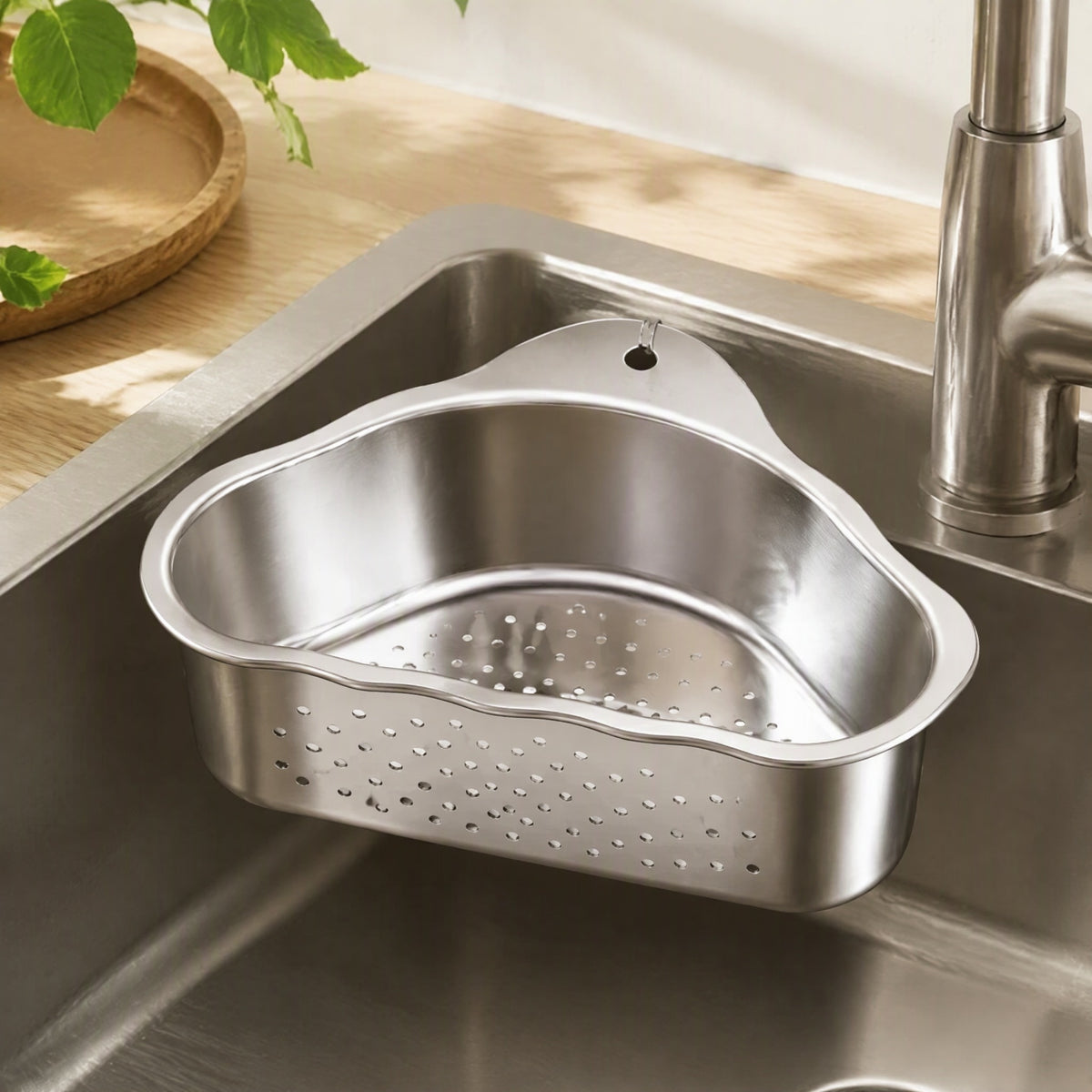 Steelsift™ 304 Stainless Steel Sink Drain Basket in a calm home setting