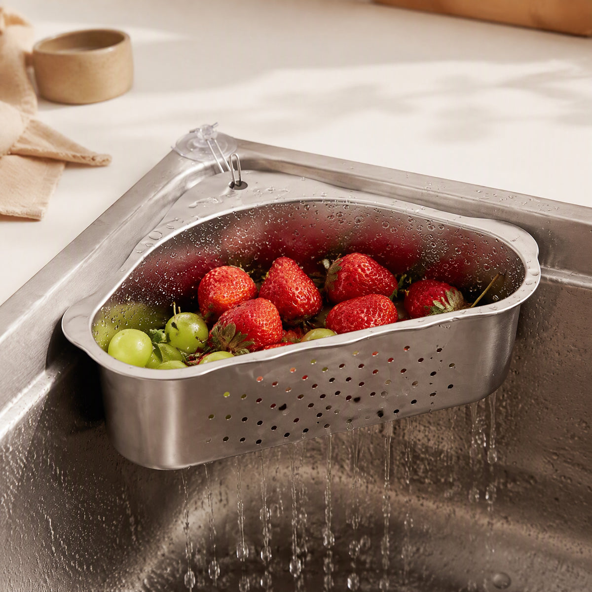 Steelsift™ 304 Stainless Steel Sink Drain Basket, styled close view