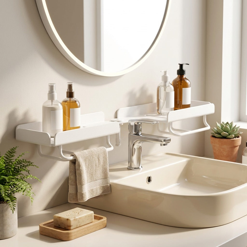Tapledge™ Foldable Washbasin Faucet Storage Rack in a calm home setting