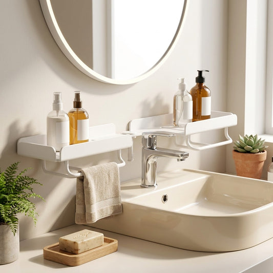 Tapledge™ Foldable Washbasin Faucet Storage Rack in a calm home setting