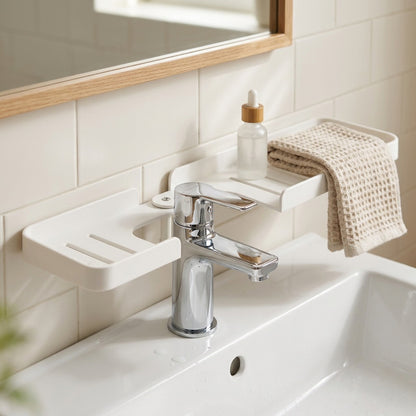 Tapledge™ Foldable Washbasin Faucet Storage Rack, styled close view