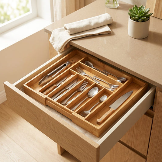 Bamboobox™ Bamboo Divided Storage Box in a calm home setting
