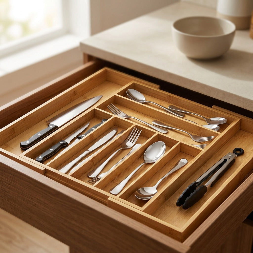 Bamboobox™ Bamboo Divided Storage Box, styled close view
