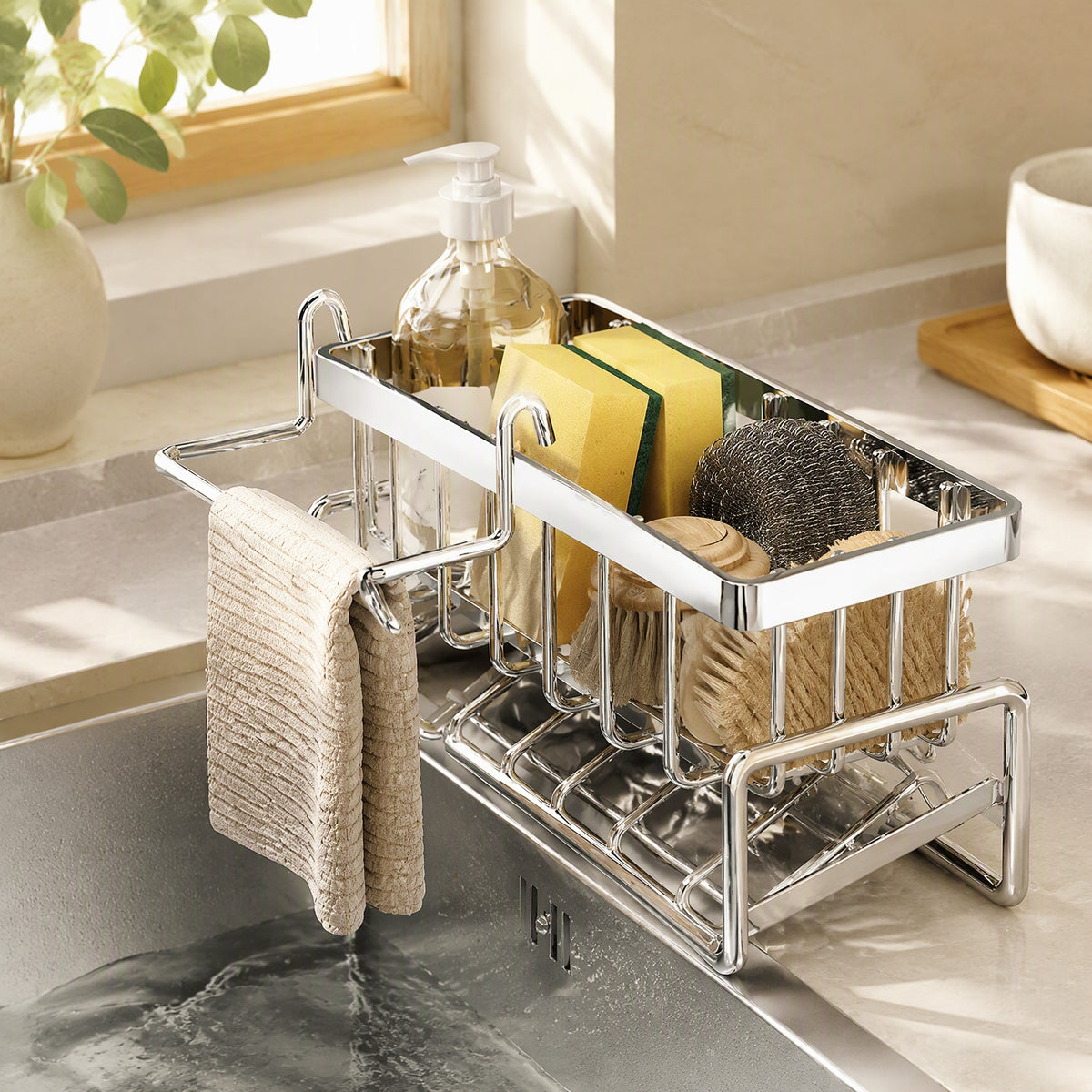 Spongedge™ Carbon Steel Kitchen Sink Sponge Holder in a calm home setting