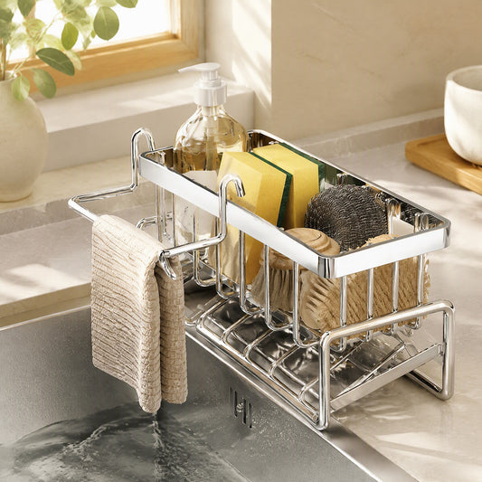 Spongedge™ Carbon Steel Kitchen Sink Sponge Holder in a calm home setting