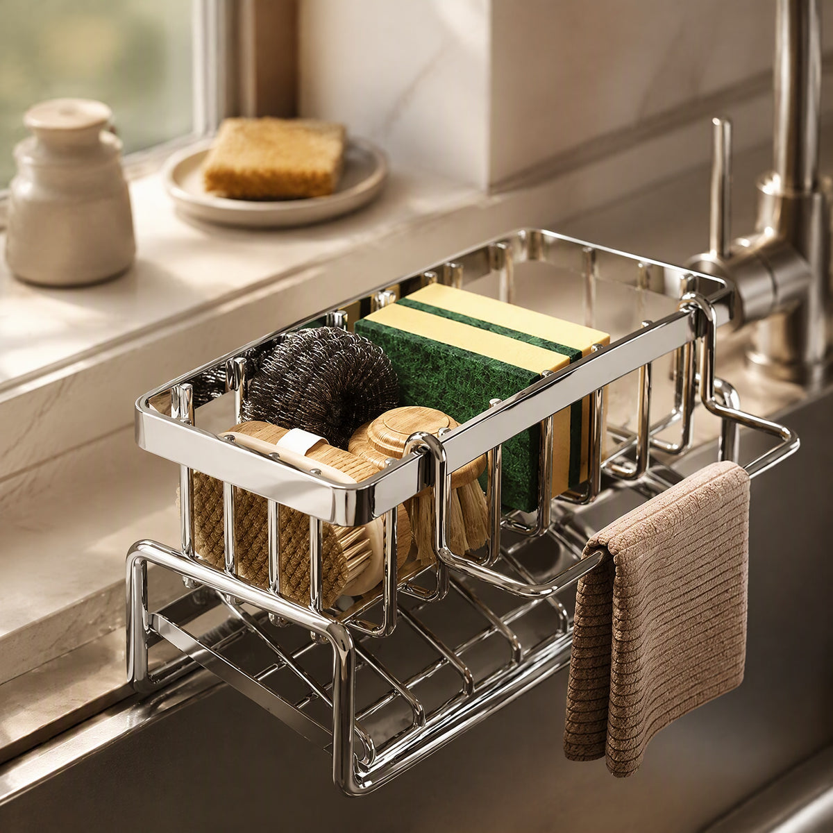 Spongedge™ Carbon Steel Kitchen Sink Sponge Holder, styled close view