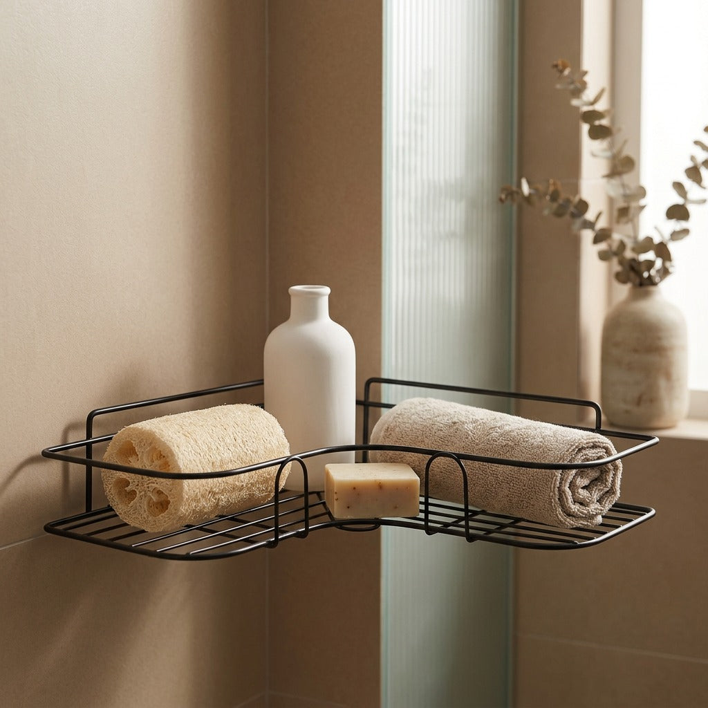 Nookrest™ Iron Bathroom Corner Shelf, styled close view