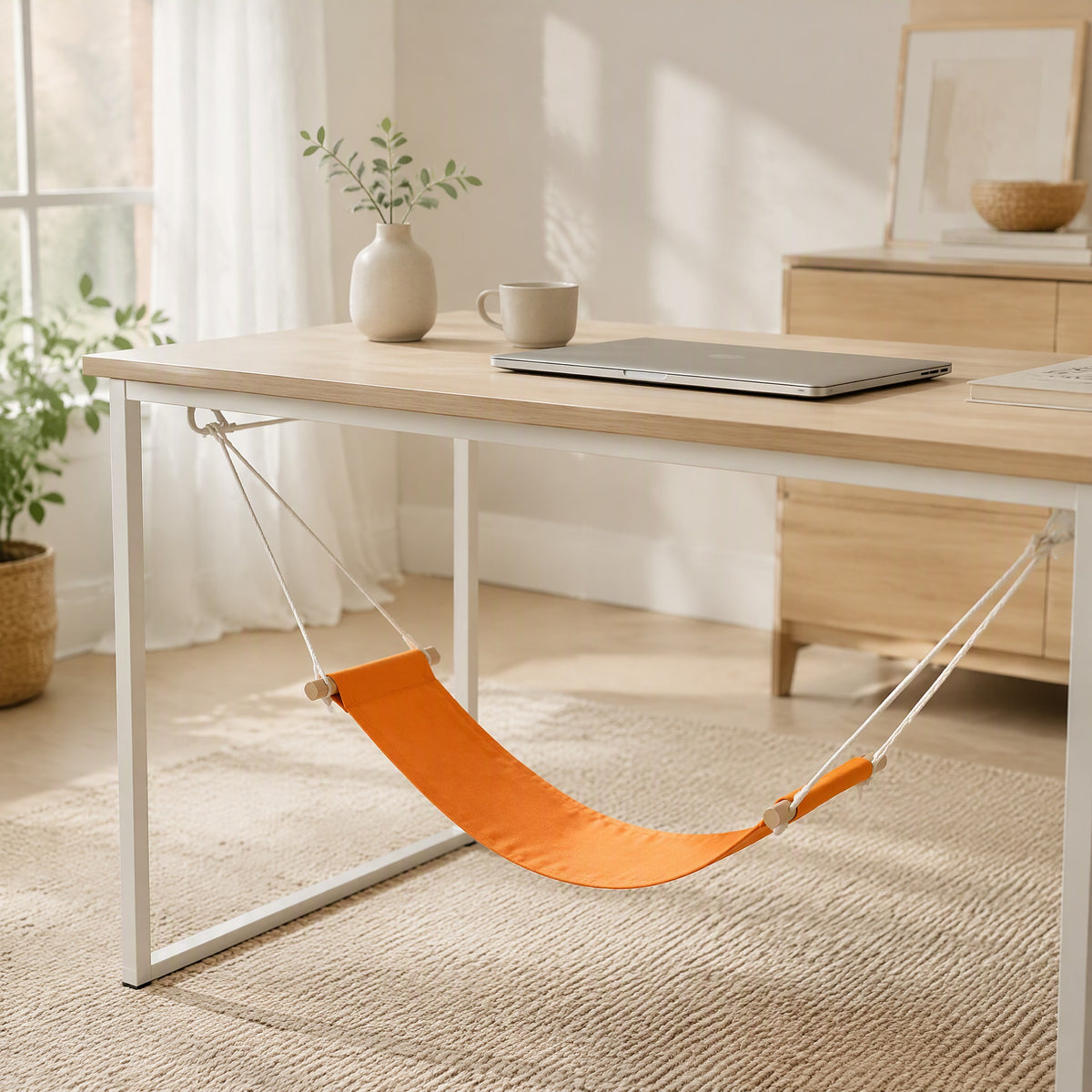 Footfloat™ Polyester Cotton Desk Foot Hammock in a calm home setting