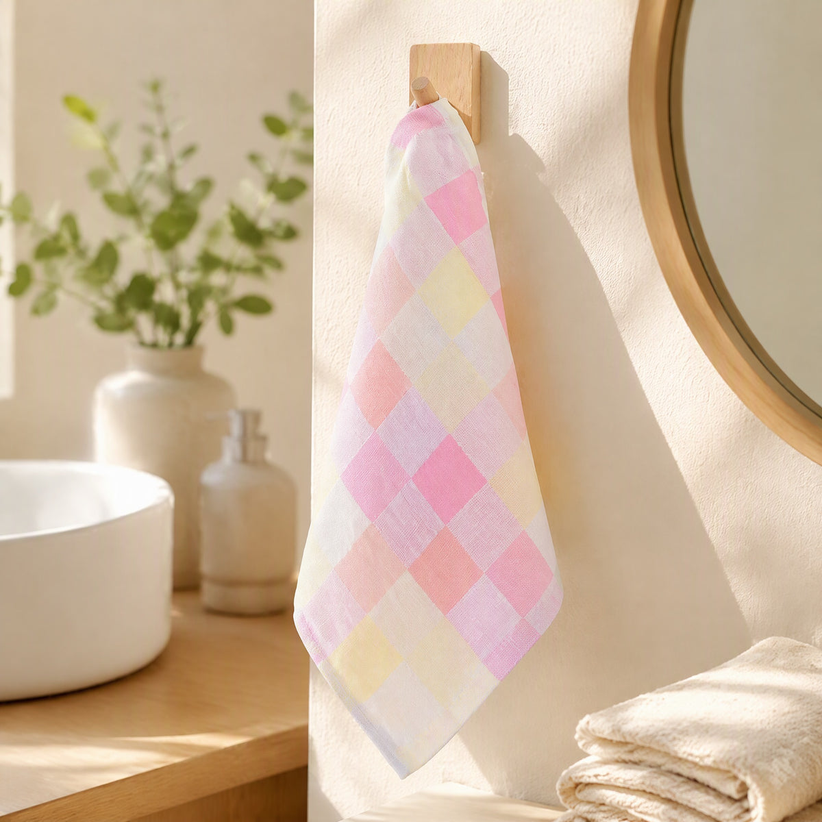 Softplaid™ Pure Cotton Plaid Gauze Towel in a calm home setting