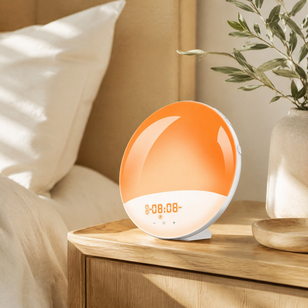 Sunshift™ Color Changing Sunrise Alarm Clock in a calm home setting