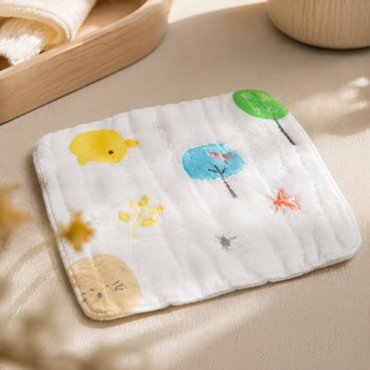 Gauzefold™ 6-Layer Cotton Gauze Square Towel, styled close view