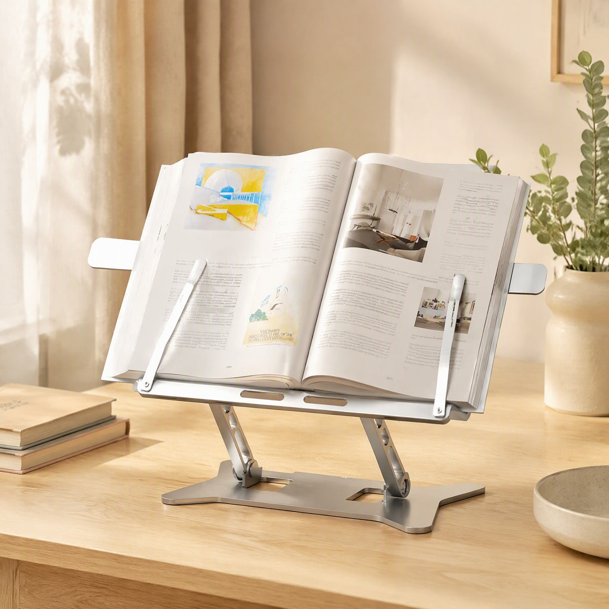 Bookangle™ Carbon Steel Reading Book Stand in a calm home setting