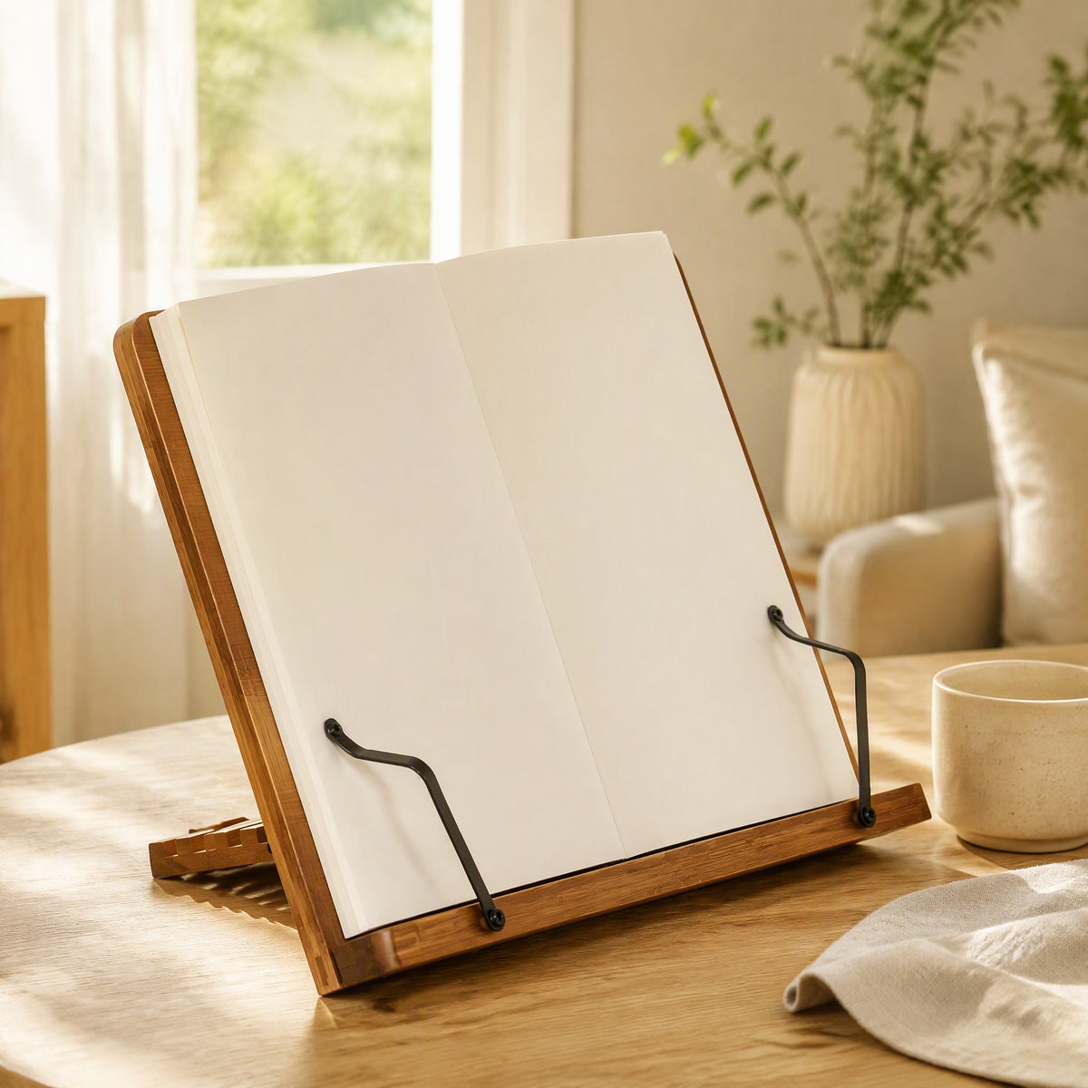 Levelleaf™ Six-Level Bamboo Book Stand in a calm home setting
