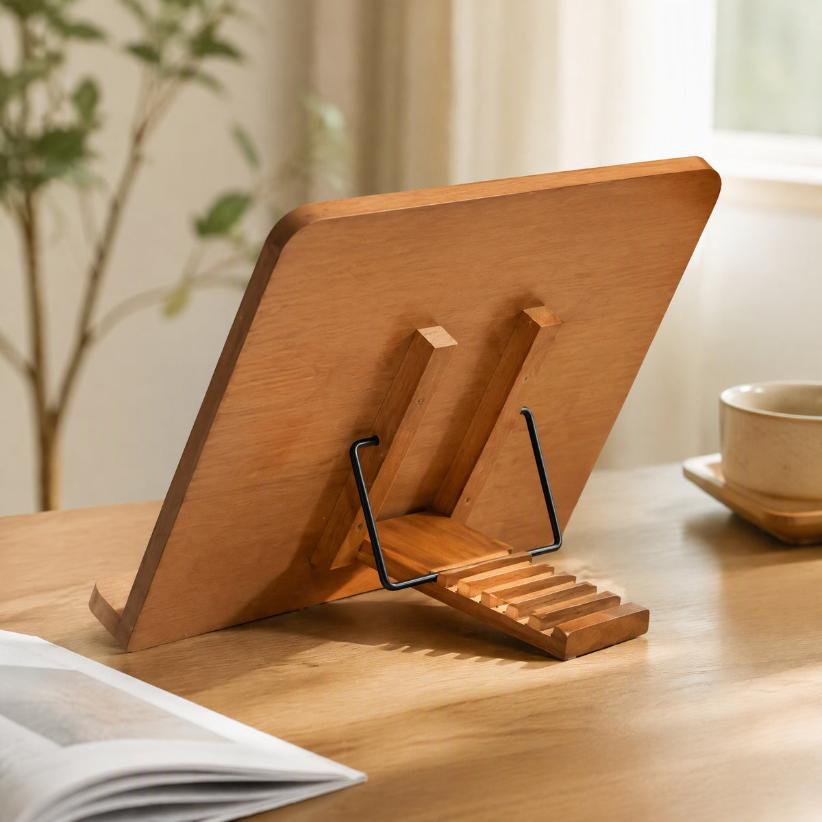 Levelleaf™ Six-Level Bamboo Book Stand, styled close view