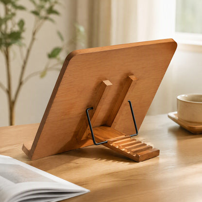 Levelleaf™ Six-Level Bamboo Book Stand, styled close view