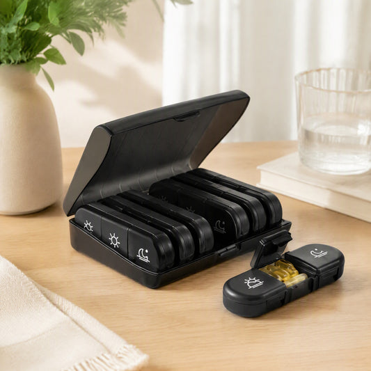 Pillweek™ 7-Compartment Plastic Medicine Box in a calm home setting
