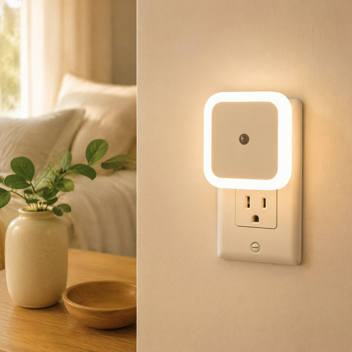 Dusktile™ Square Light-Controlled LED Night Light in a calm home setting