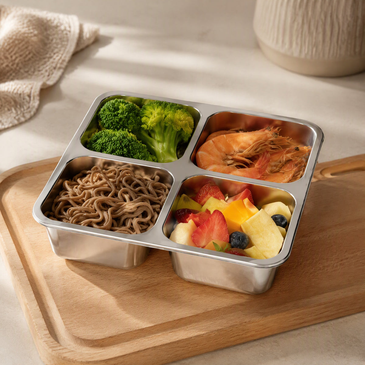 Mealstack™ Four-Compartment Stainless Steel Lunch Box, styled close view