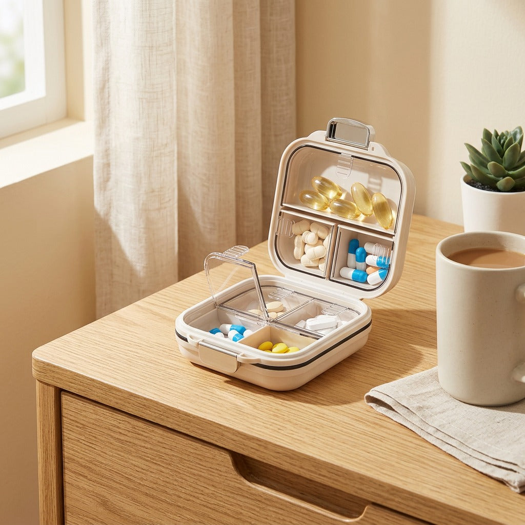 Mealtide™ Seven-Day Three-Meal Pill Box in a calm home setting