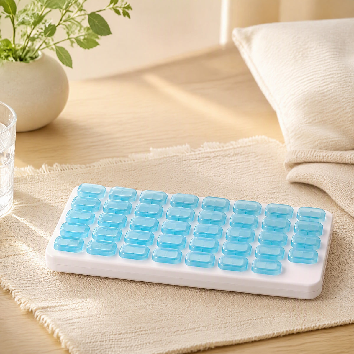 Dosemonth™ 31-Compartment Pill Box in a calm home setting