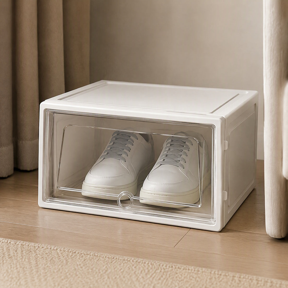 Shoestack™ Stackable Polypropylene Shoe Storage Box, styled close view