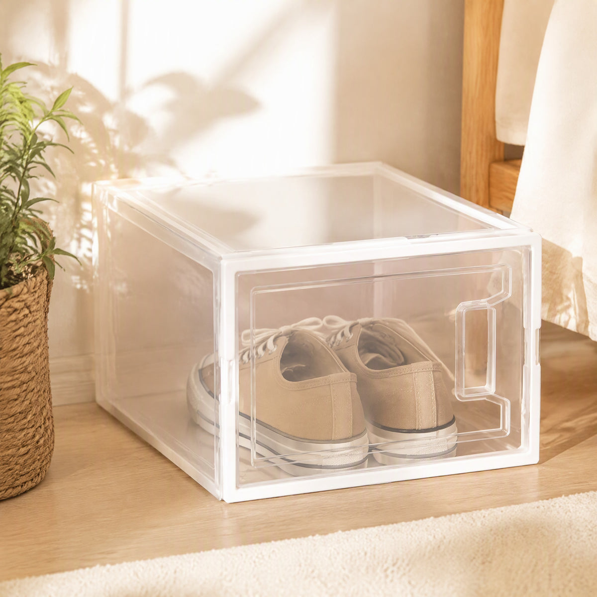Stacksole™ Transparent Stackable Shoe Box in a calm home setting