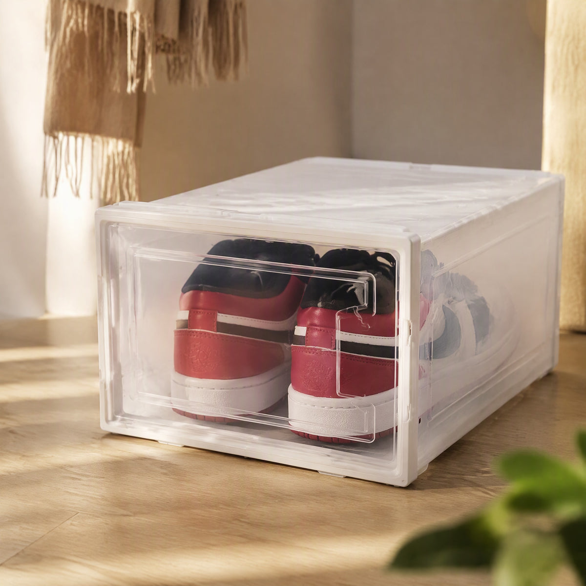 Stacksole™ Transparent Stackable Shoe Box, styled close view