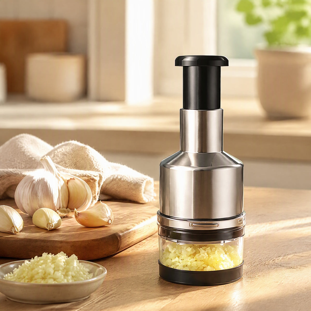 Clovesnip™ Stainless Steel Garlic Cutter Knife in a calm home setting