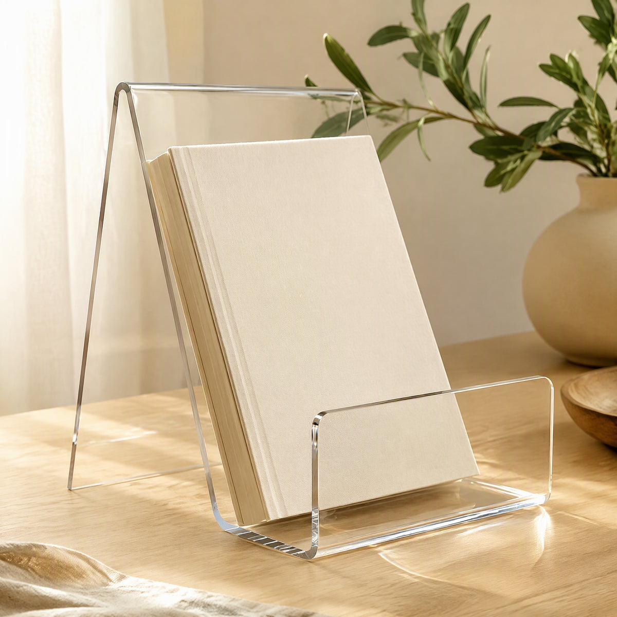 Clearleaf™ Transparent Acrylic Book Stand in a calm home setting