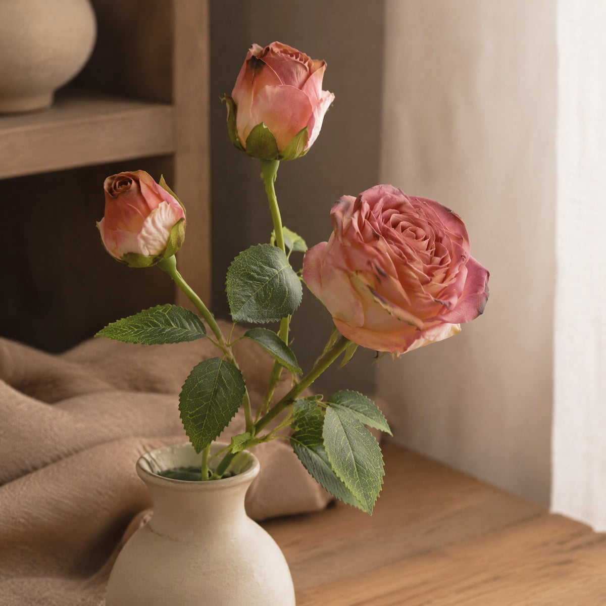 Rosestem™ Silk Artificial Rose Flower Branch, styled close view