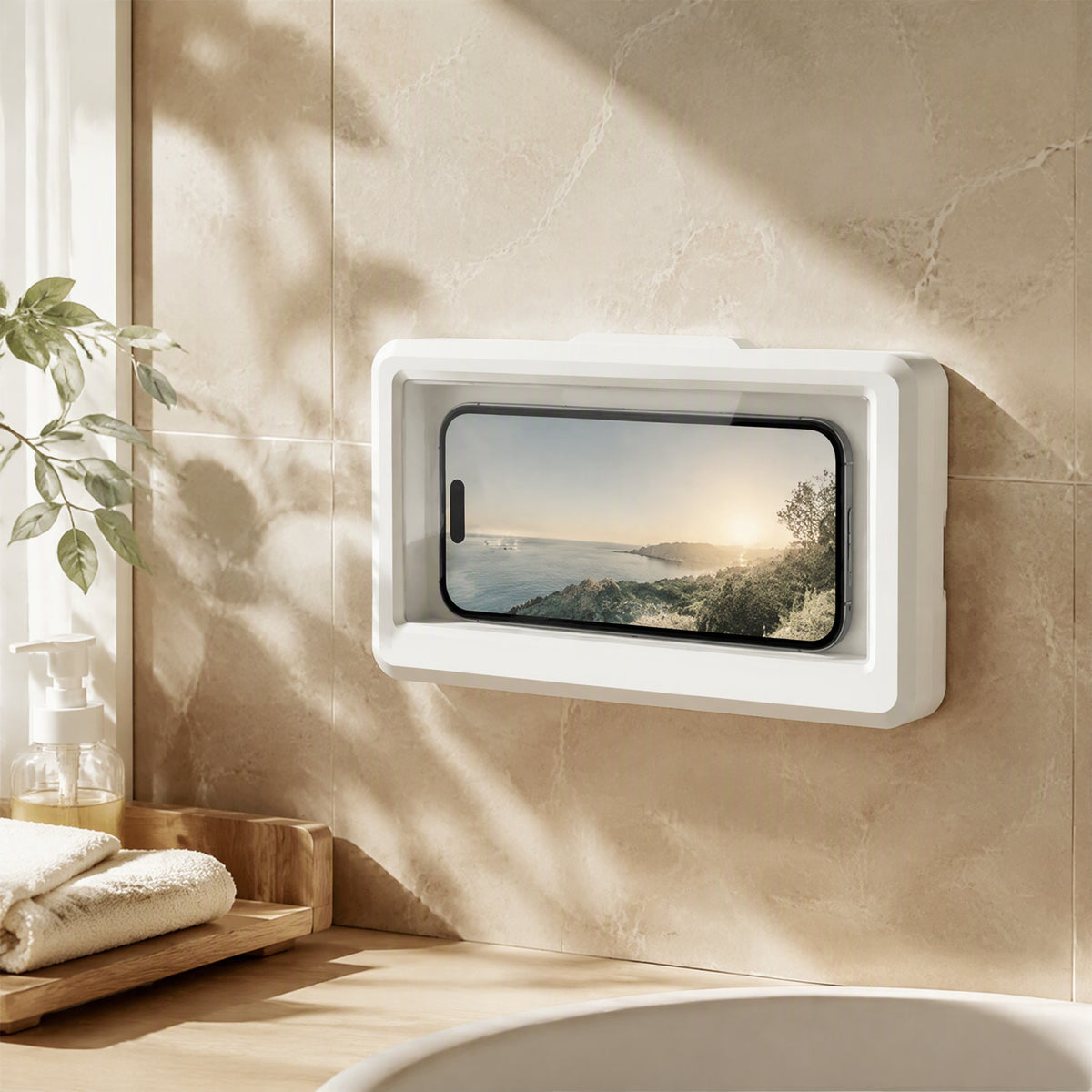 Touchdry™ Waterproof Phone Box With Touch Screen in a calm home setting