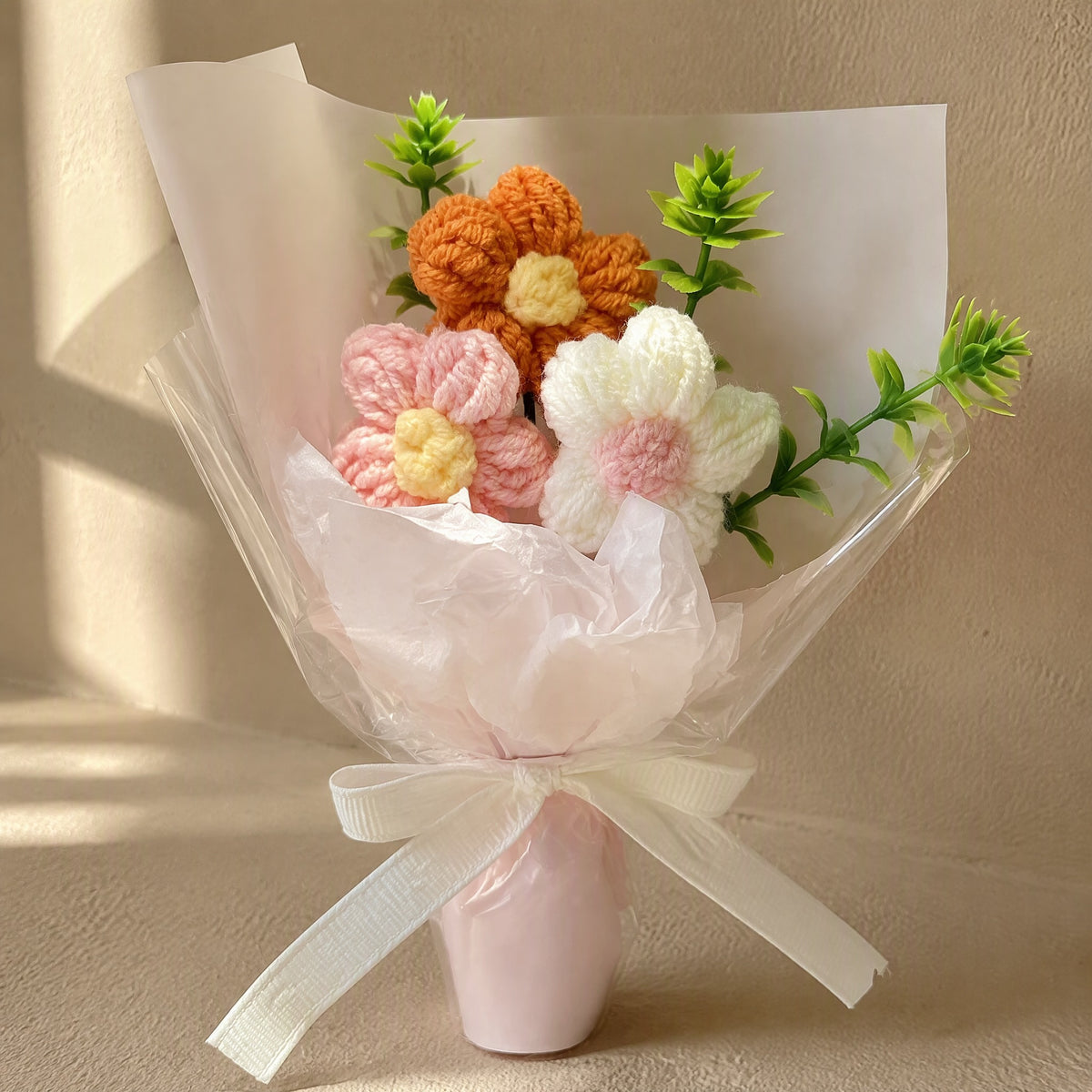 Yarnpetal™ Wool Yarn Artificial Flower Bouquet, material and detail close-up
