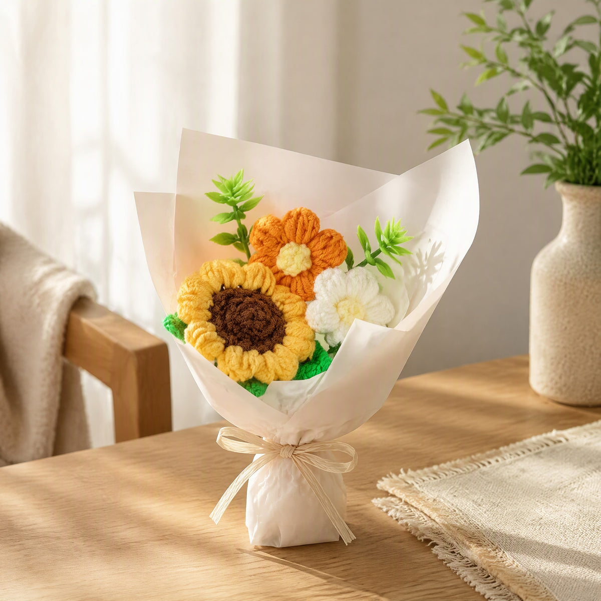Yarnpetal™ Wool Yarn Artificial Flower Bouquet in a calm home setting