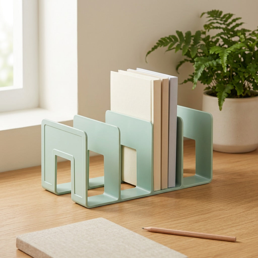 Pageframe™ Four-Frame Plastic Book Holder in a calm home setting