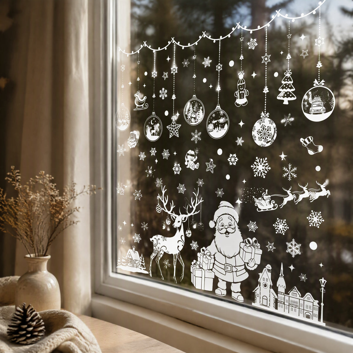 Frostpane™ Christmas PVC Window Stickers, styled close view