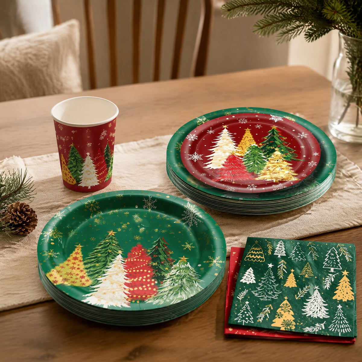 Pinecheer™ Christmas Tree Party Tableware, styled close view