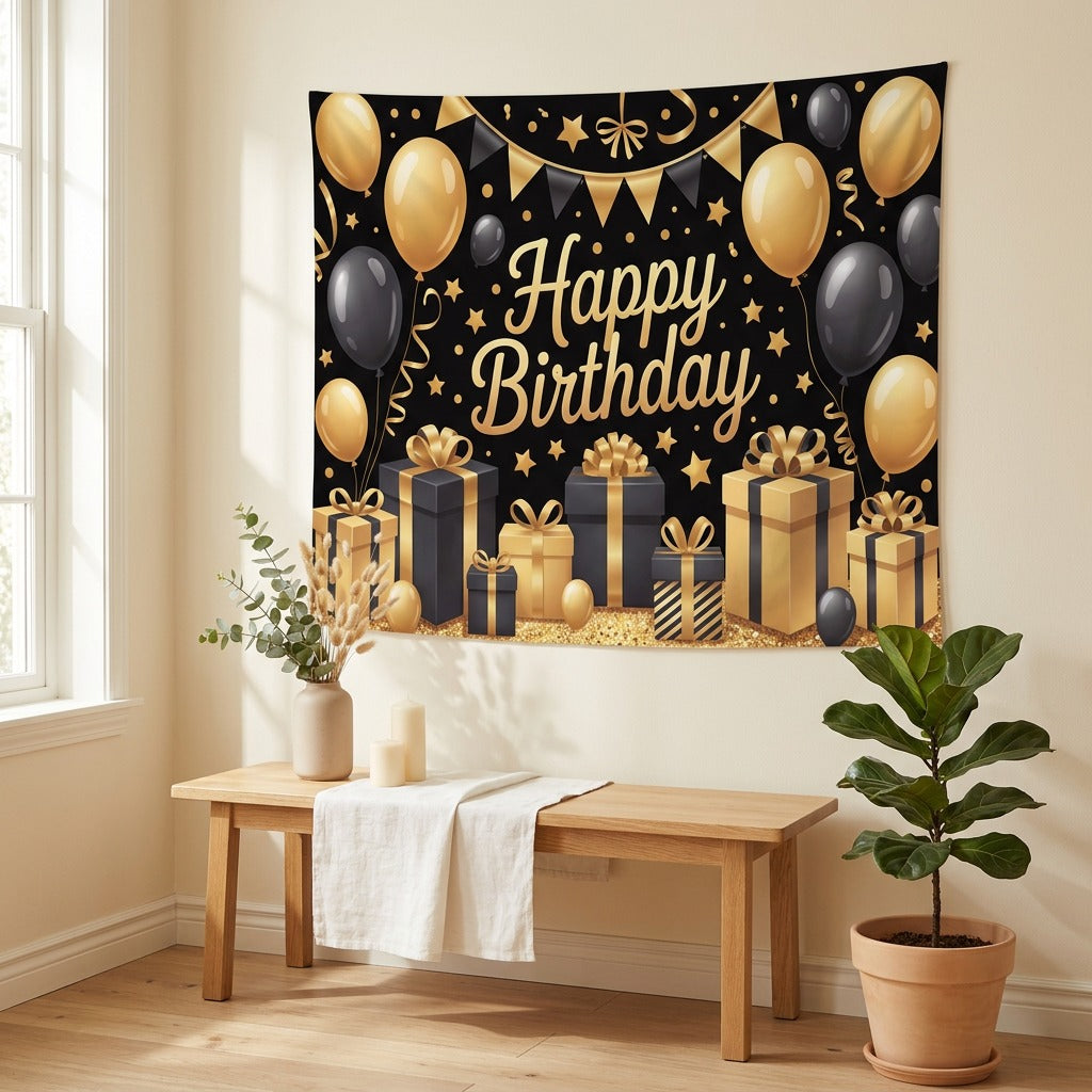 Partyglow™ Happy Birthday Backdrop Cloth in a calm home setting