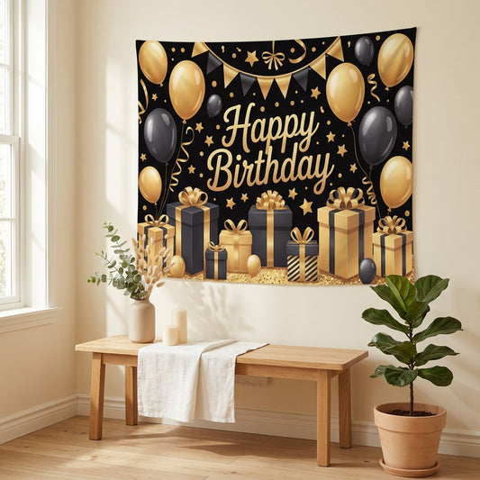 Partyglow™ Happy Birthday Backdrop Cloth in a calm home setting